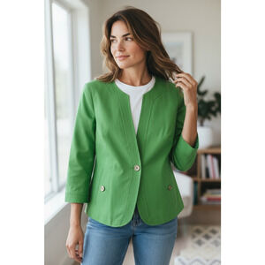 Talbots Blazer Womens 16P Green Collarless Open Front Petite Career Lined Office